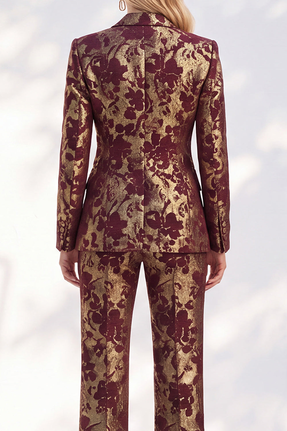Rust Jacquard Floral Peak Lapel Slim Fit 2-Piece Prom Suits with Pocket