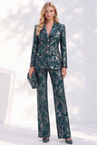 Dark Green Notched Lapel Jacquard 2-Piece Work Suits