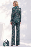 Dark Green Notched Lapel Jacquard 2-Piece Work Suits