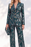 Dark Green Notched Lapel Jacquard 2-Piece Work Suits