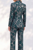 Dark Green Notched Lapel Jacquard 2-Piece Work Suits