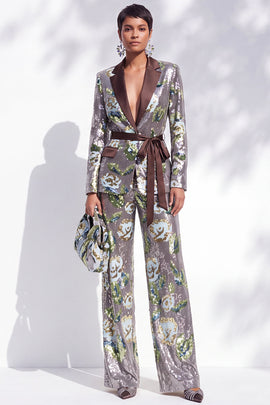 Sparkly Silver Floral Sequin 2-Piece Notched Lapel Prom Suits with Sash