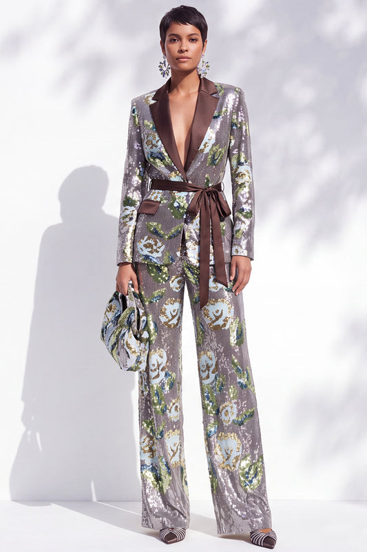 Sparkly Silver Floral Sequin 2-Piece Notched Lapel Prom Suits with Sash