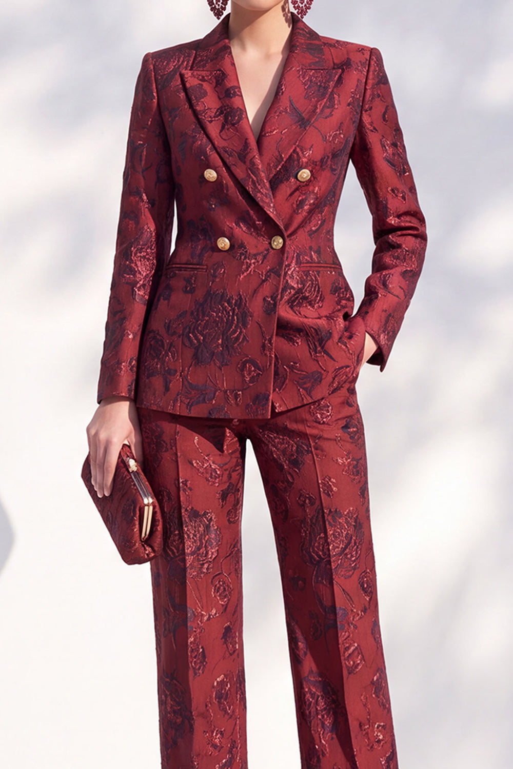 Dark Red Jacquard Floral Peak Lapel Double Breasted 2-Piece Work Suits
