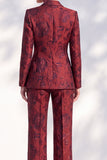 Dark Red Jacquard Floral Peak Lapel Double Breasted 2-Piece Work Suits