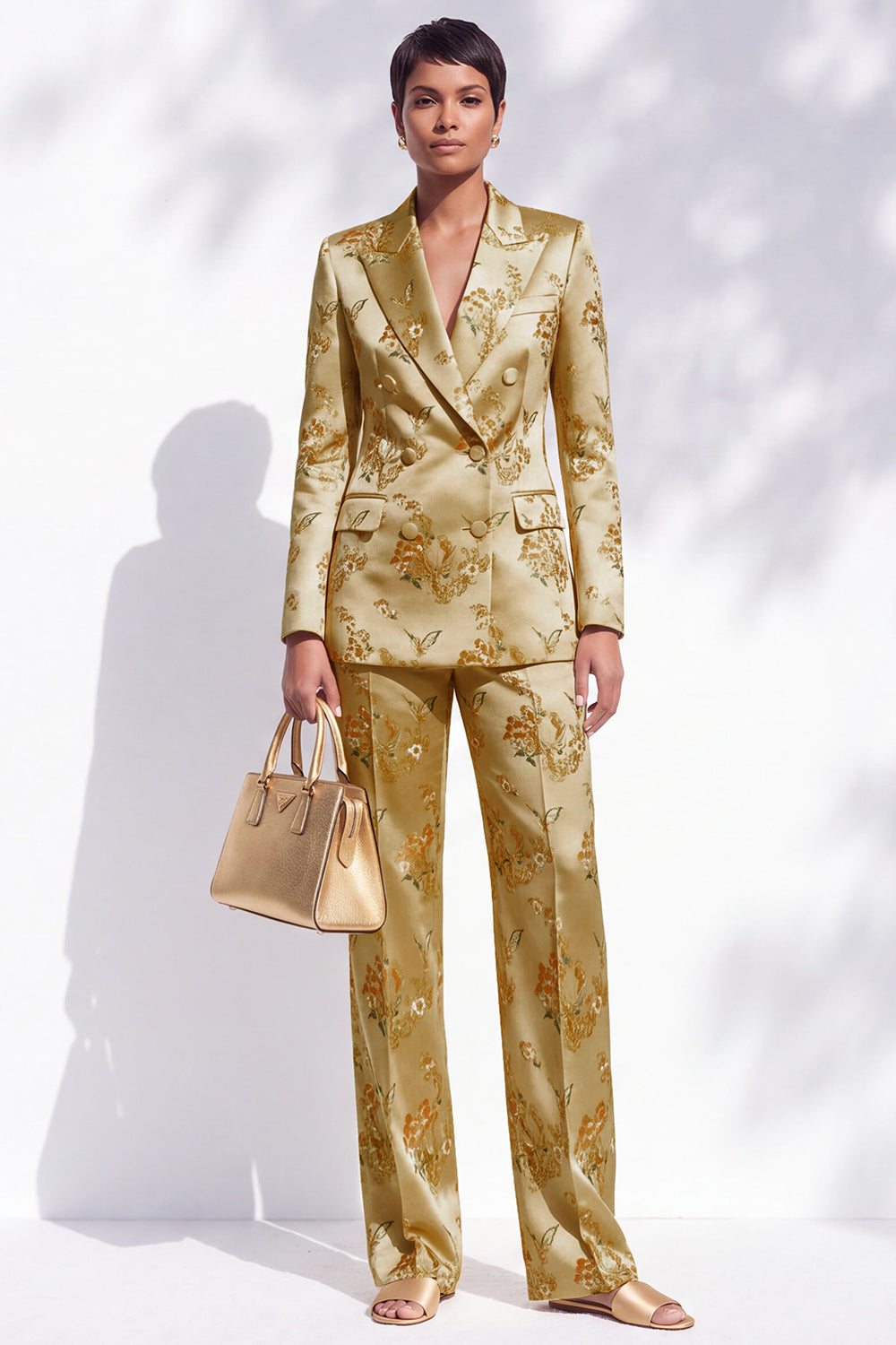 Golden Floral Peak Lapel 2-Piece Double Breasted Work Suits with Embroidery