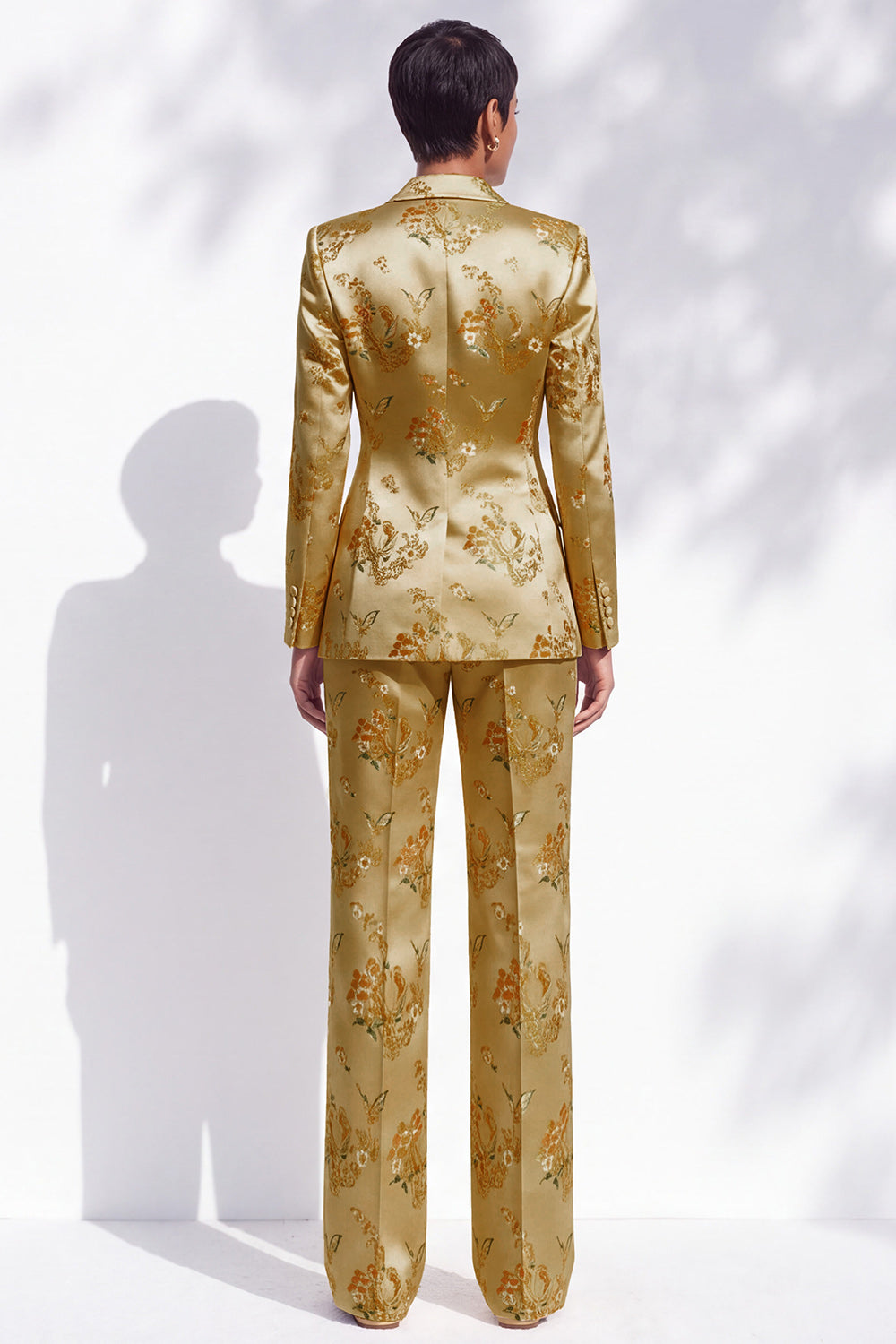 Golden Floral Peak Lapel 2-Piece Double Breasted Work Suits with Embroidery
