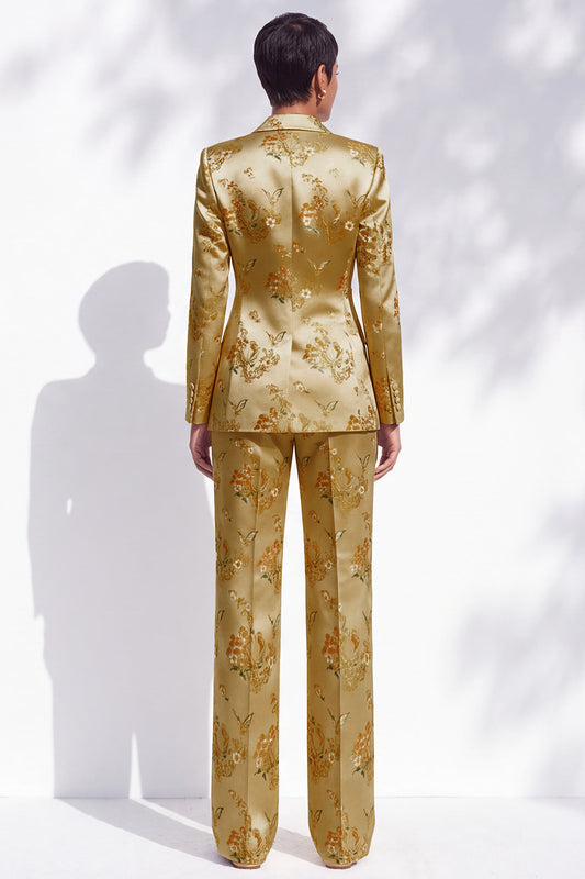 Golden Floral Peak Lapel 2-Piece Double Breasted Prom Suits