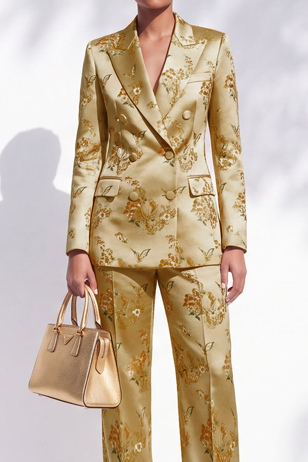 Golden Floral Peak Lapel 2-Piece Double Breasted Work Suits with Embroidery