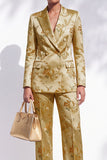 Golden Floral Peak Lapel 2-Piece Double Breasted Work Suits with Embroidery