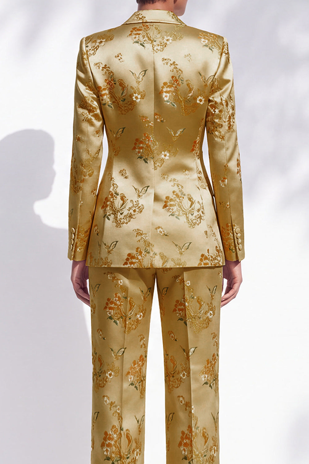Golden Floral Peak Lapel 2-Piece Double Breasted Work Suits with Embroidery
