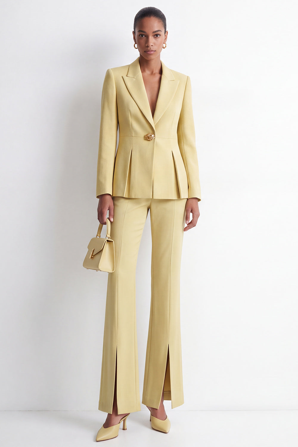 Yellow Peak Lapel 2-Piece One Button Work Suits with Slit
