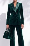 Dark Green Velvet 2-Piece Double Breasted Peak Lapel Work Suits