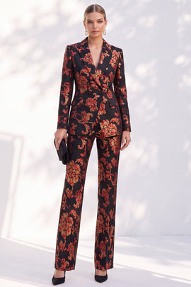 Black Peak Lapel Floral 2-Piece Slim Fit Jacquard Work Suits