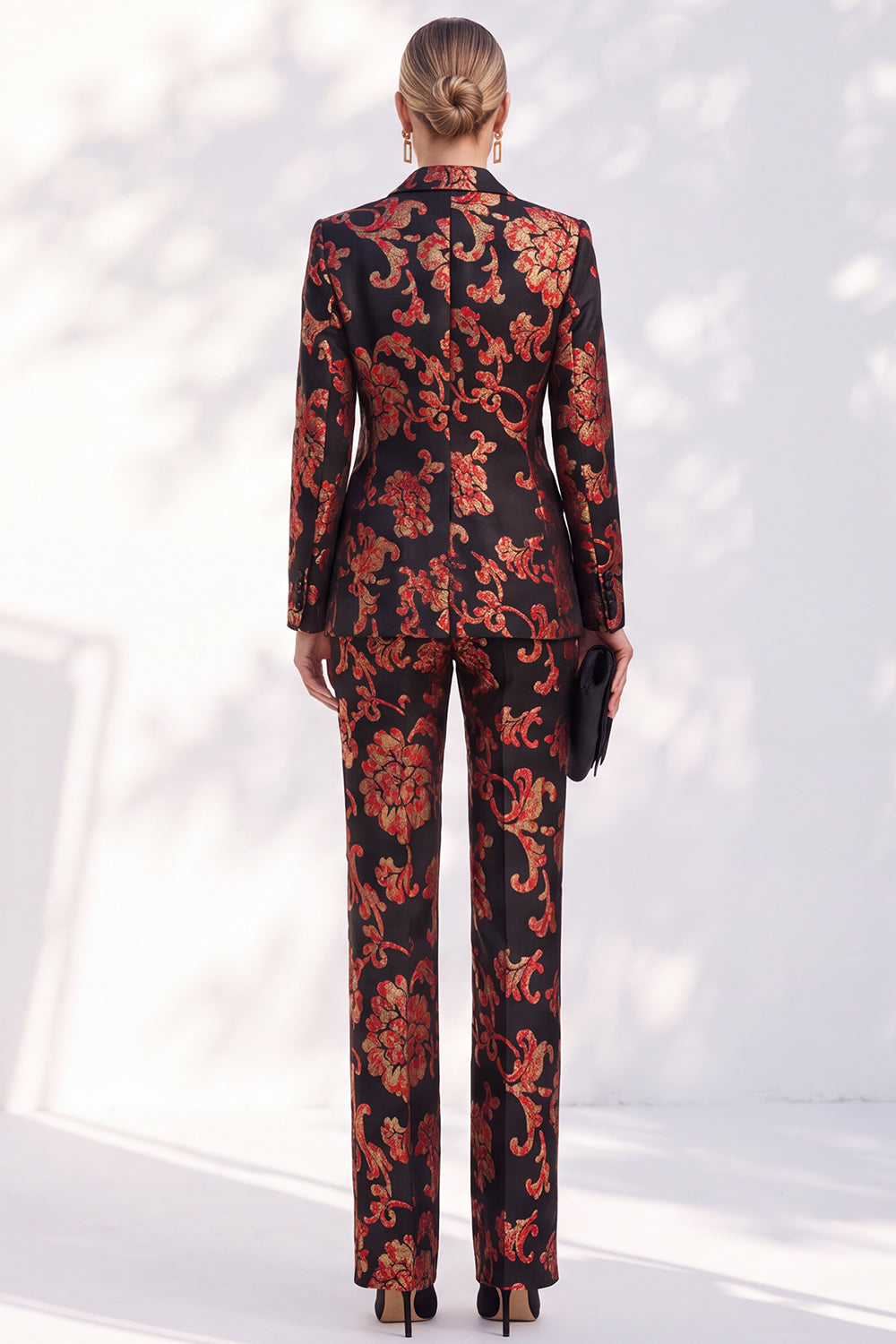 Black Peak Lapel Floral 2-Piece Slim Fit Jacquard Work Suits