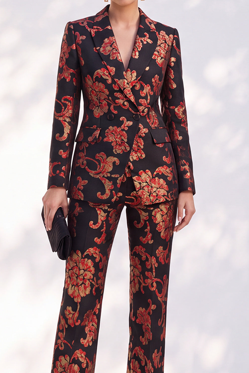 Black Peak Lapel Floral 2-Piece Slim Fit Jacquard Work Suits