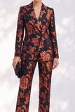 Black Peak Lapel Floral 2-Piece Slim Fit Jacquard Work Suits