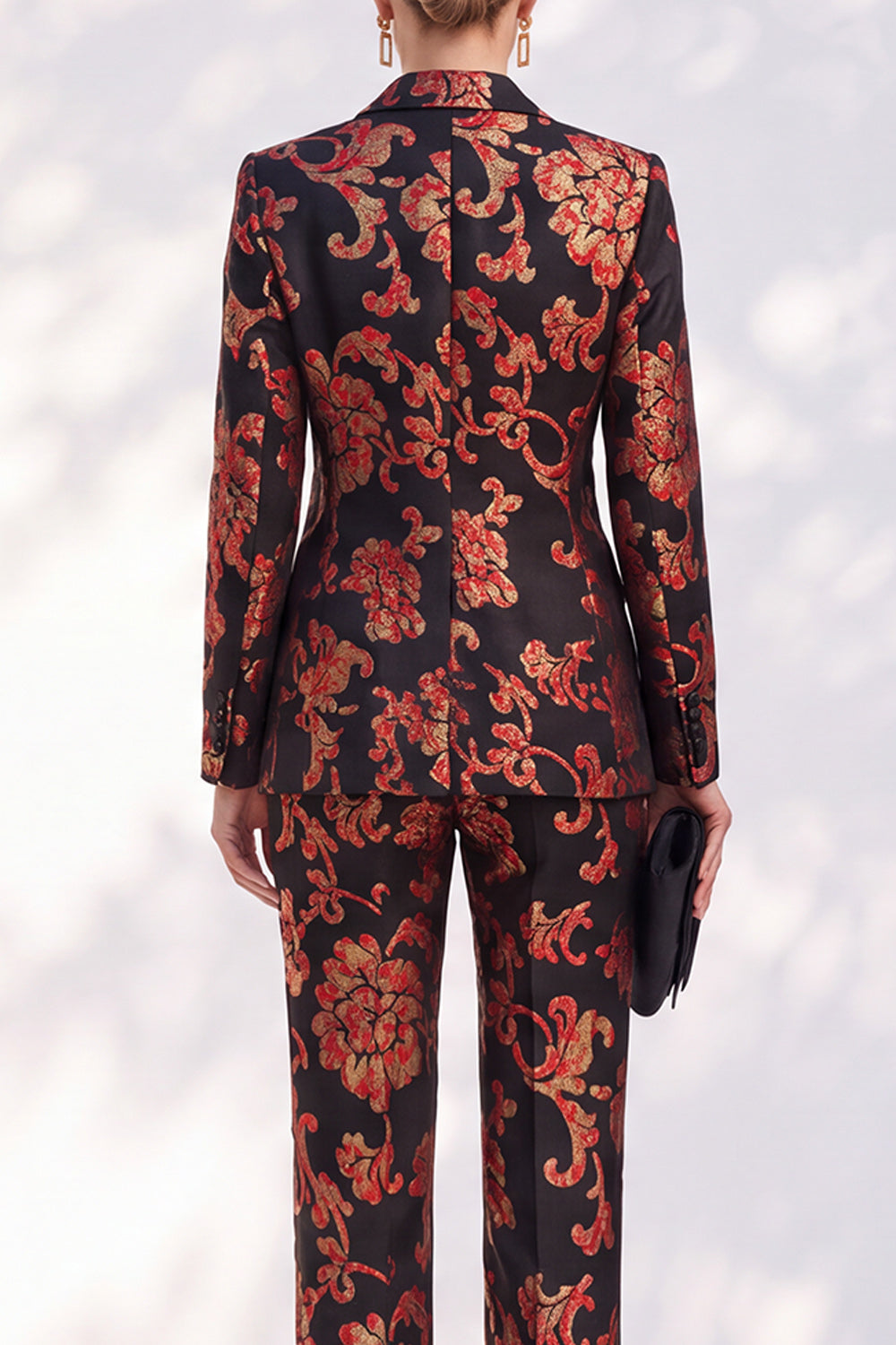Black Peak Lapel Floral 2-Piece Slim Fit Jacquard Work Suits