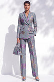 Grey Blue Floral Peak Lapel Jacquard 2-Piece Work Suits with pocket