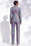 Grey Blue Floral Peak Lapel Jacquard 2-Piece Work Suits with pocket