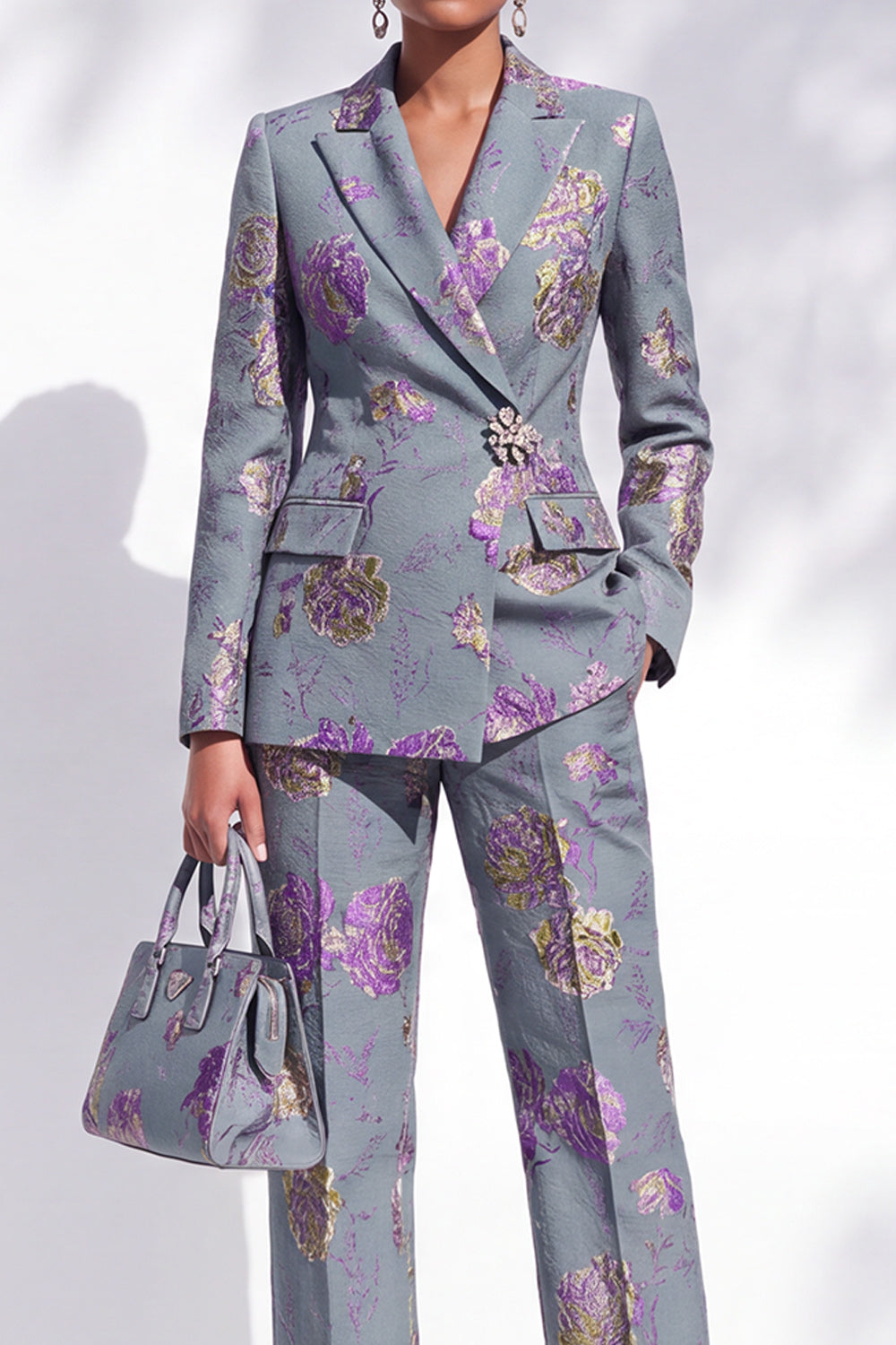 Grey Blue Floral Peak Lapel Jacquard 2-Piece Work Suits with pocket