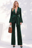 Sparkly Beaded Dark Green Peak Lapel 2-Piece Flare Sleeves Work Suits with Sash