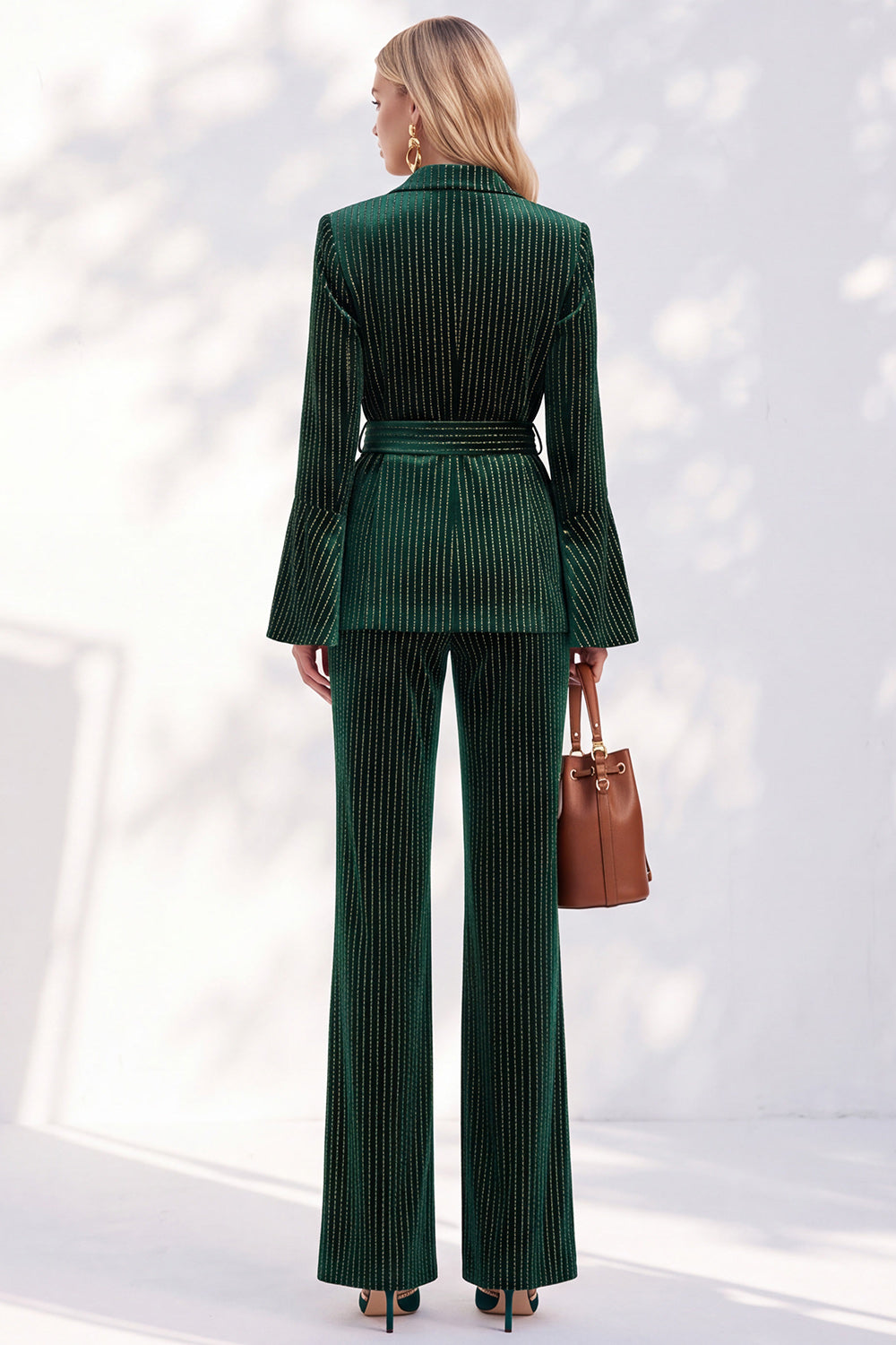 Sparkly Beaded Dark Green Peak Lapel 2-Piece Flare Sleeves Work Suits with Sash