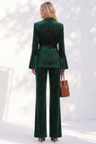 Sparkly Beaded Dark Green Peak Lapel 2-Piece Flare Sleeves Work Suits with Sash