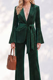 Sparkly Beaded Dark Green Peak Lapel 2-Piece Flare Sleeves Work Suits with Sash
