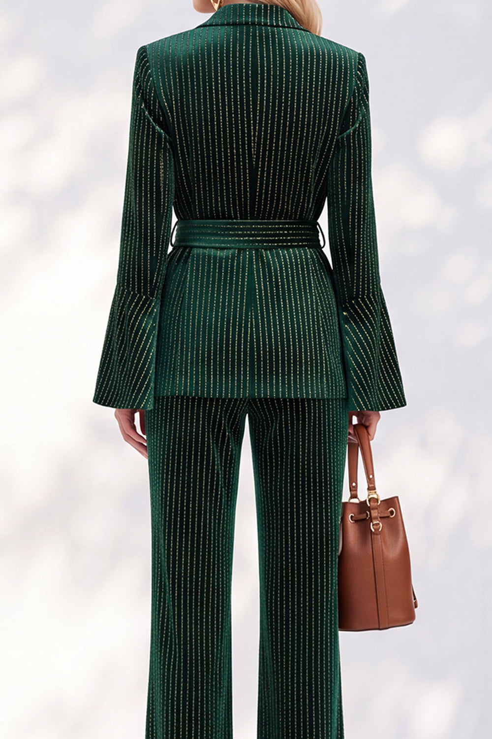 Sparkly Beaded Dark Green Peak Lapel 2-Piece Flare Sleeves Work Suits with Sash