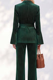 Sparkly Beaded Dark Green Peak Lapel 2-Piece Flare Sleeves Work Suits with Sash