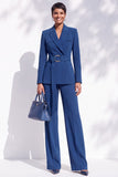 Berlin Blue Peak Lapel Long Sleeves 2-Piece Work Suits with Sash