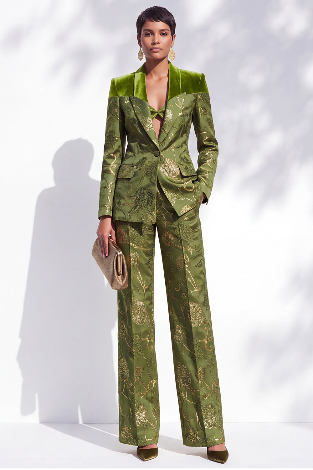 Olive Peak Lapel Floral One Button 2-Piece Jacquard Prom Suits with Pocket
