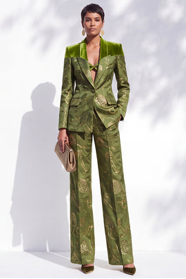 Olive Peak Lapel Floral One Button 2-Piece Jacquard Prom Suits with Pocket