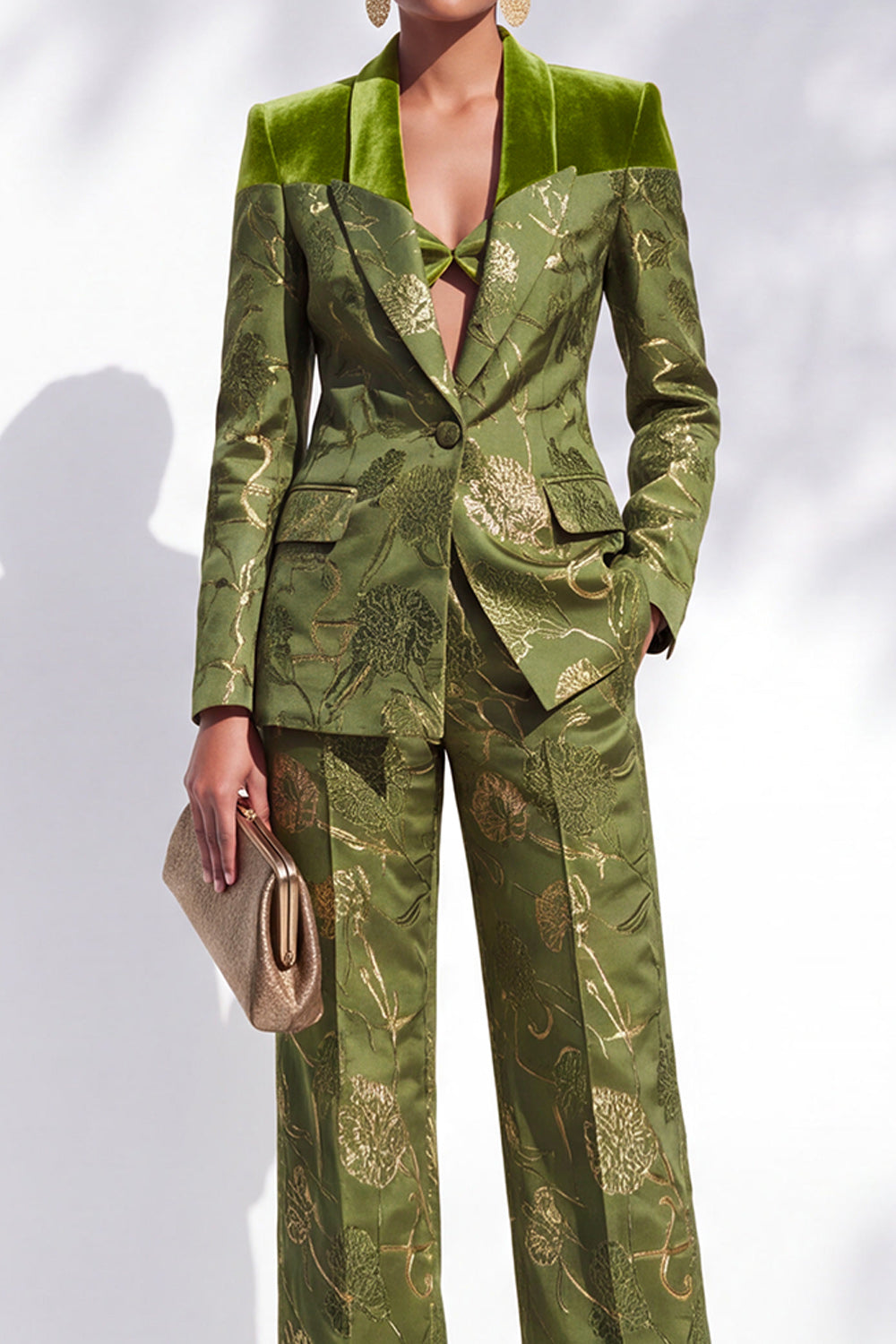 Olive Peak Lapel Floral One Button 2-Piece Jacquard Prom Suits with Pocket