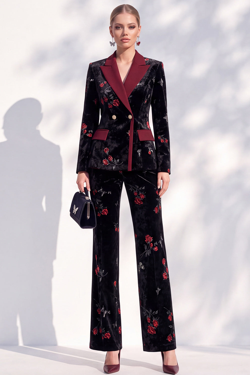 Black Red Flower Velvet Peak Lapel Double Breasted 2-Piece Work Suits