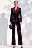 Black Red Flower Velvet Peak Lapel Double Breasted 2-Piece Work Suits