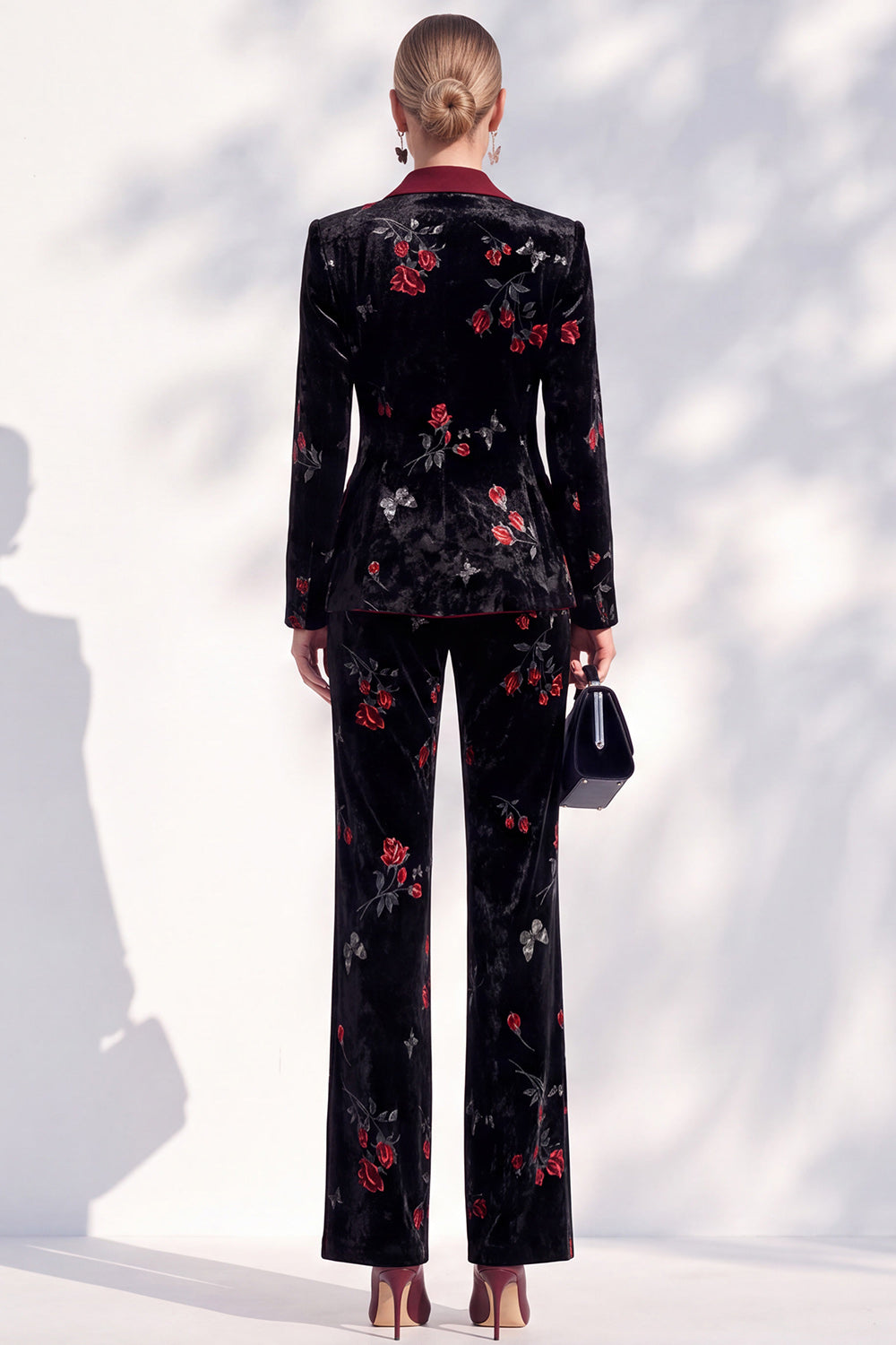 Black Red Flower Velvet Peak Lapel Double Breasted 2-Piece Work Suits