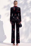 Black Red Flower Velvet Peak Lapel Double Breasted 2-Piece Work Suits