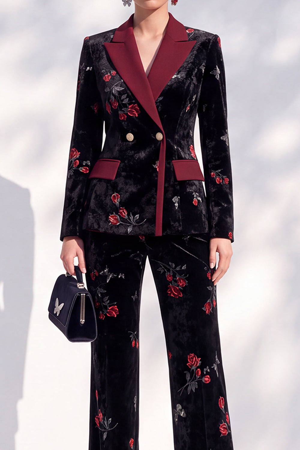 Black Red Flower Velvet Peak Lapel Double Breasted 2-Piece Work Suits