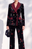 Black Red Flower Velvet Peak Lapel Double Breasted 2-Piece Work Suits