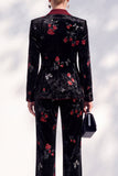 Black Red Flower Velvet Peak Lapel Double Breasted 2-Piece Work Suits