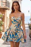 Blue Floral A Line Ruched Strapless Short Homecoming Dress