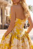 Blue Floral A Line Ruched Strapless Short Homecoming Dress