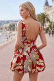 Red Floral Bubble A Line Jacquard Short Homecoming Dress with Pocket