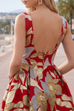 Red Floral Bubble A Line Jacquard Short Homecoming Dress with Pocket