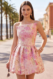 Pink Floral A Line Strapless Short Homecoming Dress with Pocket