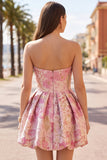 Pink Floral A Line Strapless Short Homecoming Dress with Pocket