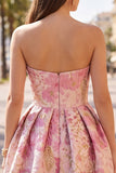 Pink Floral A Line Strapless Short Homecoming Dress with Pocket