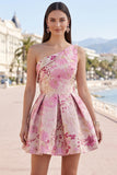 Pink Floral A Line One Shoulder Short Homecoming Dress